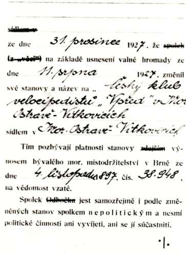1928 - 1939 Český klub velocipedistů Vpřed Vítkovic